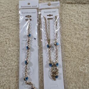 Stainless Steel Gold-Tone Blue Evil Eye Bracelet - Unbranded